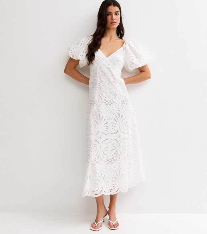 White Cutwork Tie Back Midi Dress