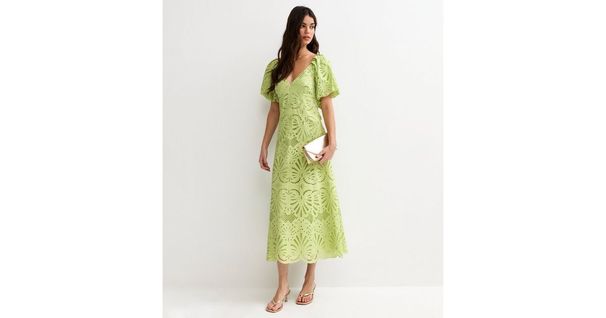 Light Green Broderie Anglaise Puff Sleeve Midi Dress | New Look