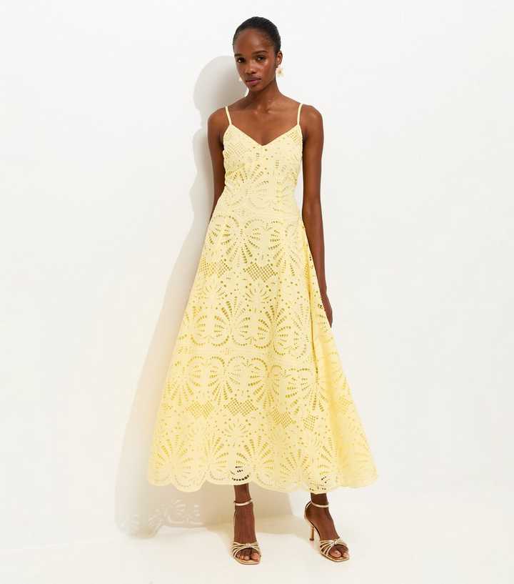 Yellow Cutwork Strappy Midi Dress