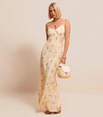 Yellow Daisy Print Lace Trimmed Satin Midi Dress