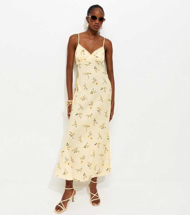Yellow Daisy Print Lace Trimmed Satin Midi Dress