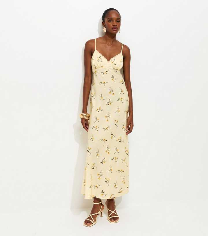Yellow Daisy Print Lace Trimmed Satin Midi Dress | New Look Yellow Daisy Print Lace Trimmed Satin Midi Dress | New Look