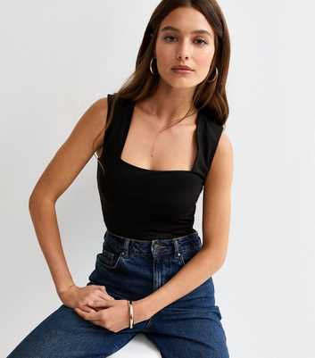 Black Slinky Square Neck Sleeveless Bodysuit