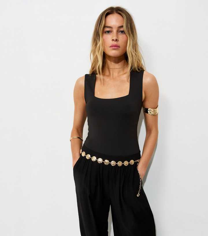 Black Slinky Square Neck Sleeveless Bodysuit