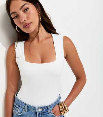 White Slinky Square Neck Sleeveless Bodysuit