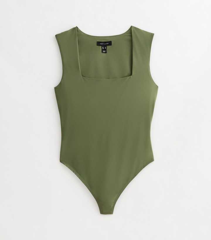 Dark Khaki Slinky Square Neck Sleeveless Bodysuit