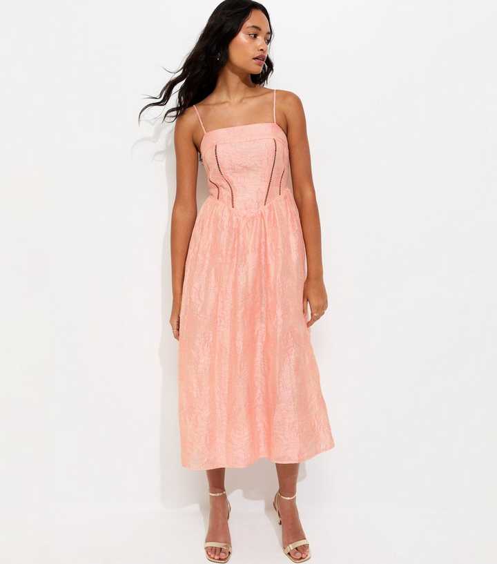 Light Coral Sparkly Floral Jacquard Midi Dress