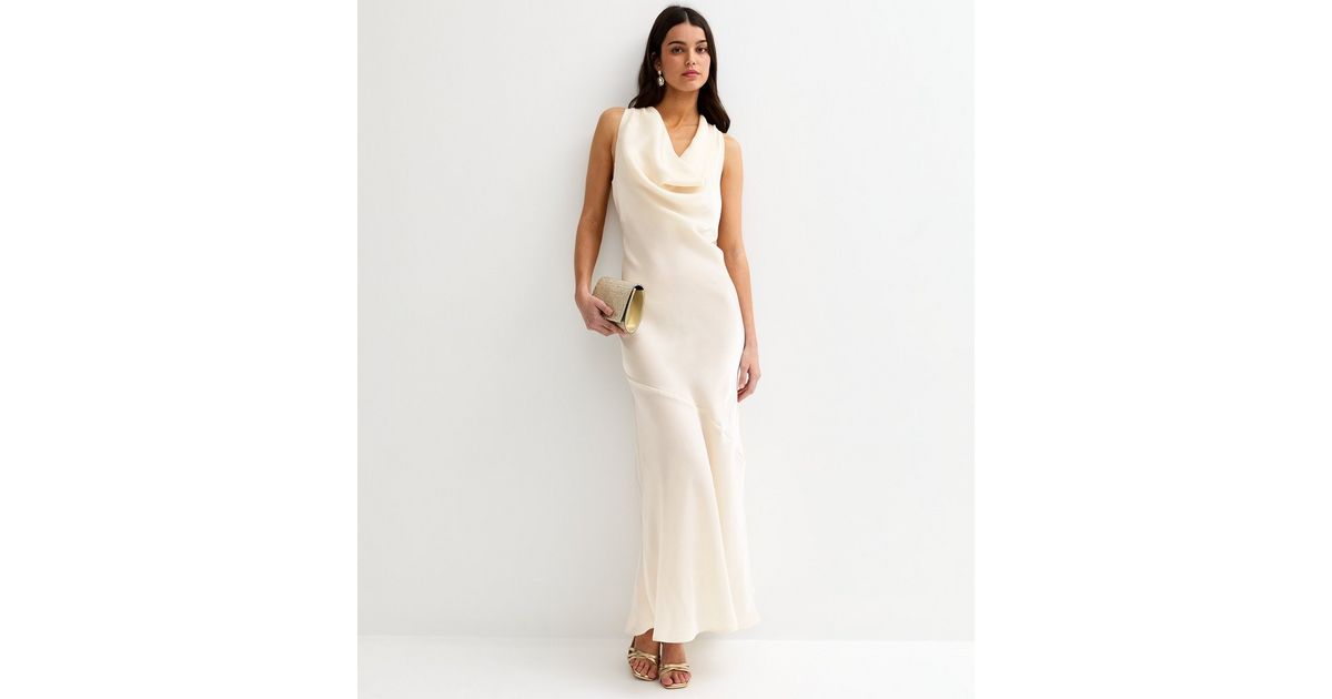 Cream Sparkly Satin Cowl Neck Maxi Dress | New Look