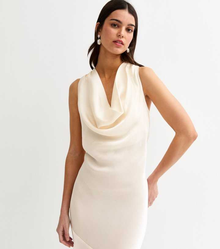 Cream Sparkly Satin Cowl Neck Maxi Dress