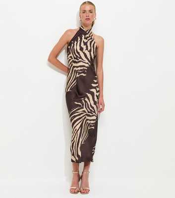 Brown Satin Zebra Print Halterneck Midi Dress