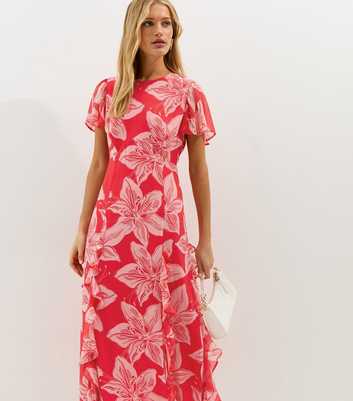 Red and Pink Orchid Godet Chiffon Midi Dress