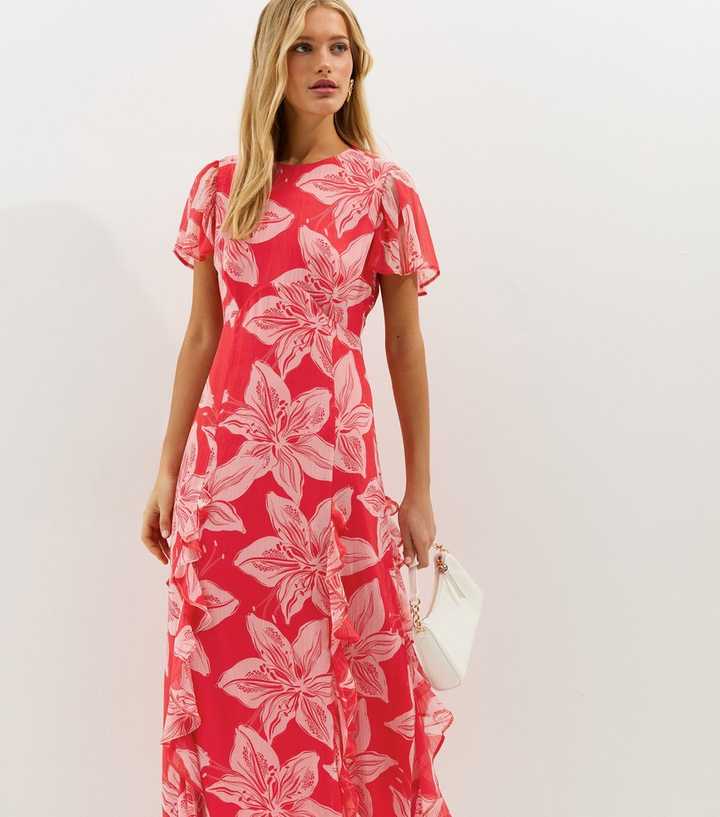 Red and Pink Orchid Godet Chiffon Midi Dress