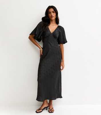 Black Paisley Pattern Jacquard Flutter Sleeve Midi Dress