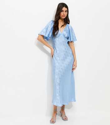 Light Blue Paisley Pattern Jacquard Flutter Sleeve Midi Dress