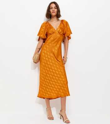 Dark Yellow Paisley Pattern Jacquard Flutter Sleeve Midi Dress
