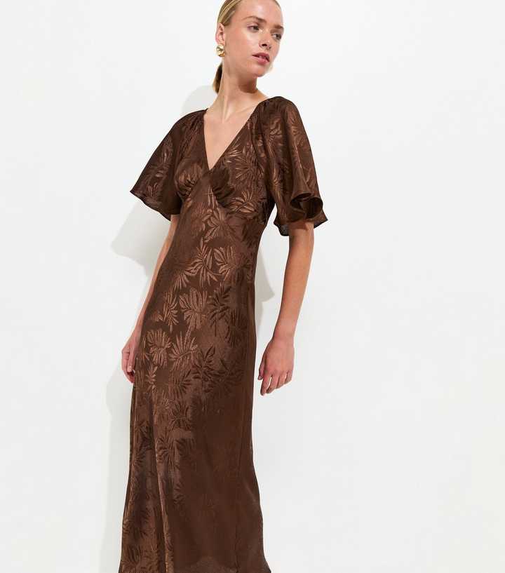 Dark Brown Palm Leaf Jacquard Flutter Sleeve Midi Dress