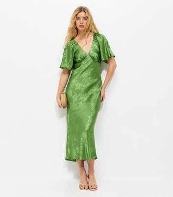 Light Green Palm Leaf Jacquard Flutter Sleeve Midi Dress