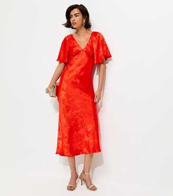 Bright Orange Palm Leaf Jacquard Flutter Sleeve Midi Dress