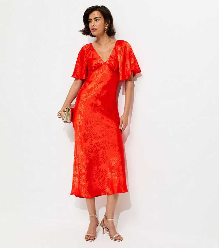 Bright Orange Palm Leaf Jacquard Flutter Sleeve Midi Dress