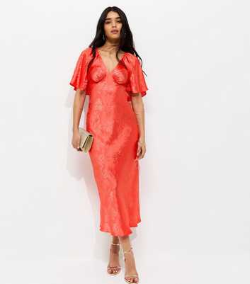 Dark Coral Palm Leaf Jacquard Flutter Sleeve Midi Dress
