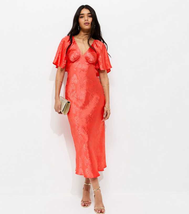 Dark Coral Palm Leaf Jacquard Flutter Sleeve Midi Dress