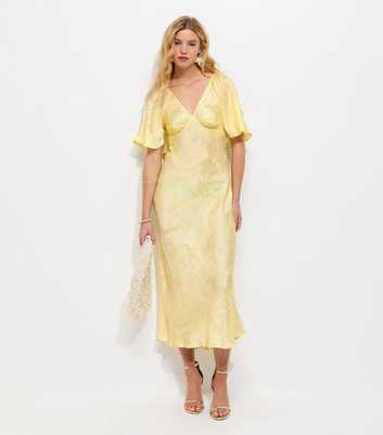 Light Yellow Palm Leaf Jacquard Flutter Sleeve Midi Dress