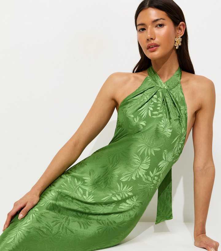 Light Green Palm Leaf Jaquard Halter Neck Maxi Dress