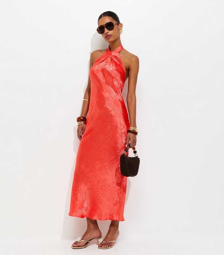 Coral Palm Leaf Jacquard Halter Neck Maxi Dress