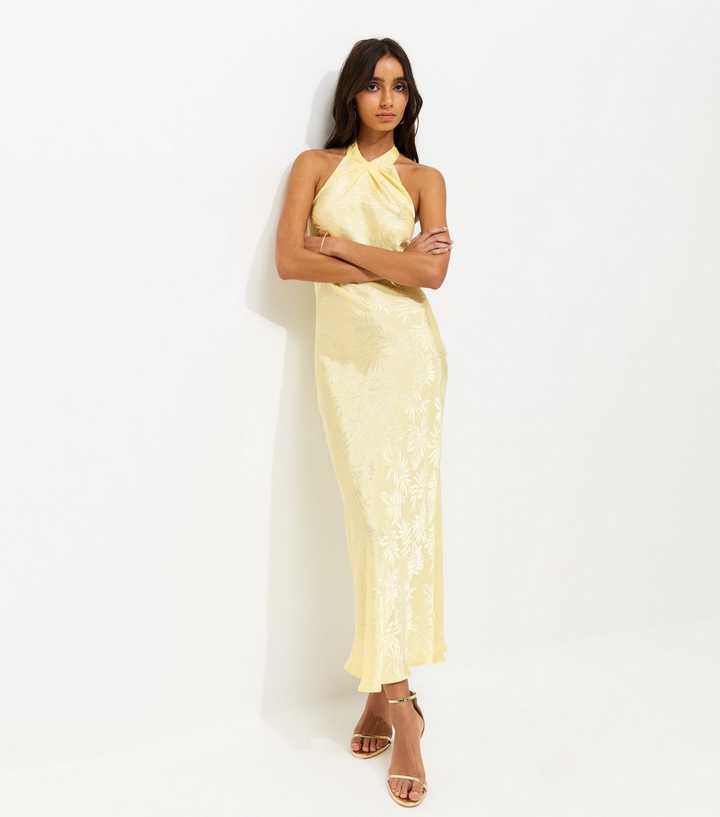 Light Yellow Palm Leaf Jacquard Halter Neck Maxi Dress | New Look