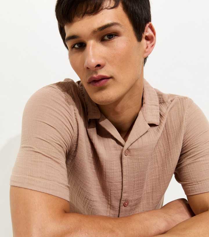 Stone Regular Cotton Short Sleeve Revere Shirt | New Look