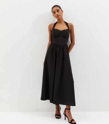 Black Embroidered Halter Midi Dress