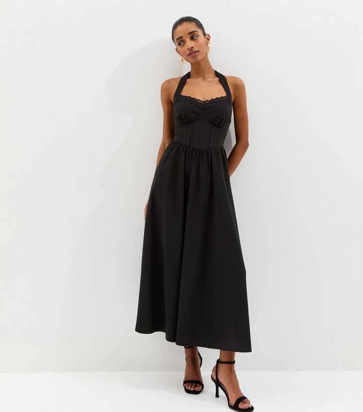 Black Embroidered Halter Midi Dress | New Look