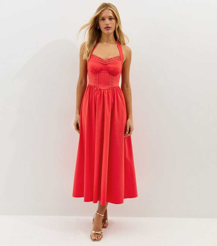 Dark Coral Embroidered Halter Midi Dress
