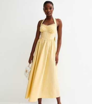 Light Yellow Embroidered Halter Midi Dress