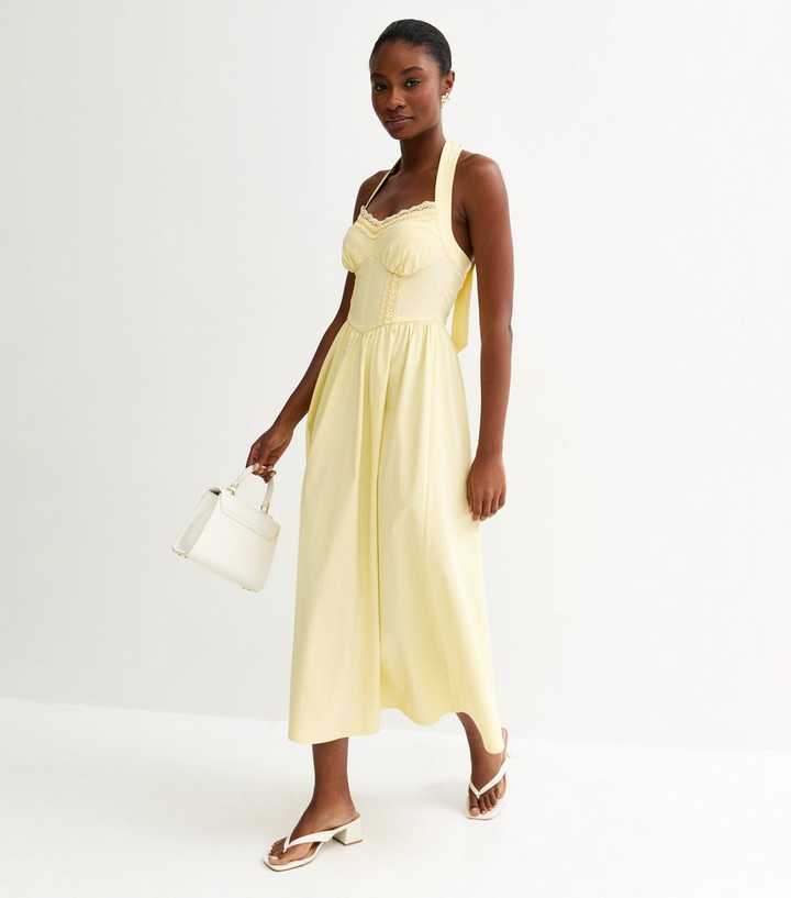 Light Yellow Embroidered Halter Midi Dress | New Look