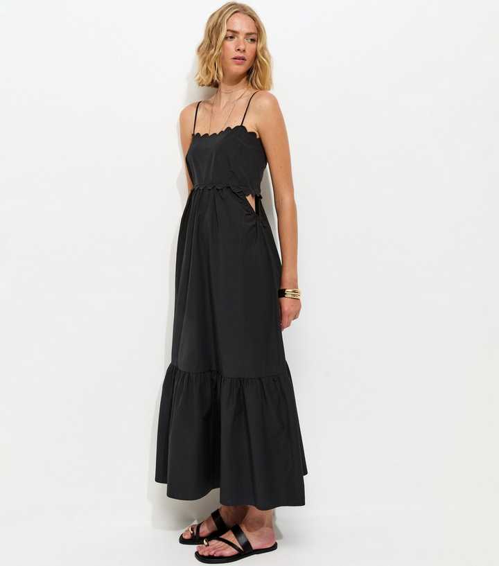Black Scalloped Edge Strappy Poplin Midi Dress