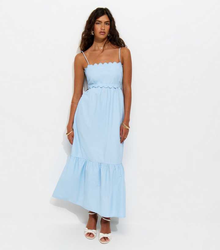 Light Blue Scalloped Edge Strappy Poplin Midi Dress