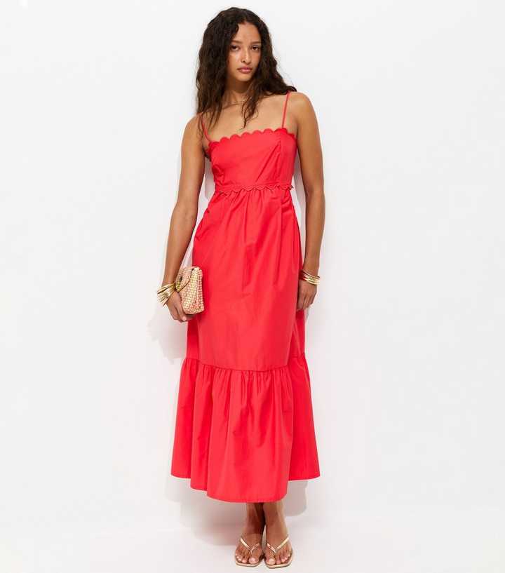 Dark Coral Scalloped Edge Strappy Poplin Midi Dress
