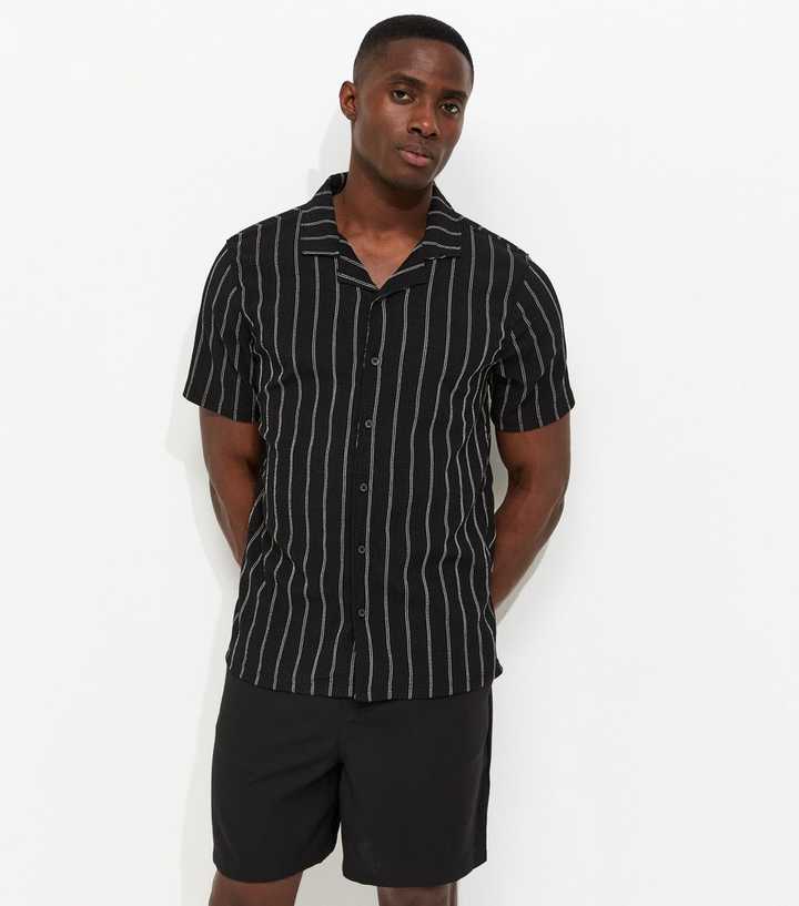 Black Regular Short Sleeve Boxy Stripe Knitted Shirt