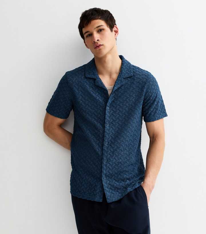Navy Regular Fit Boxy Short Sleeve Chevron Knit Shirt
