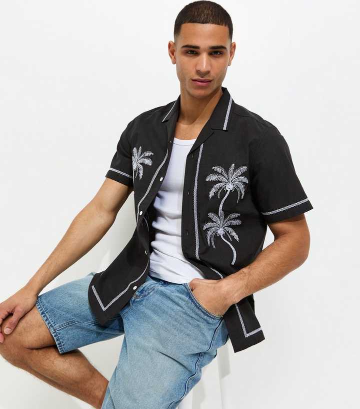 Black Regular Palm Embroidered Short Sleeve Shirt