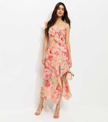 Pink Floral Chiffon Ruffled Midi Dress