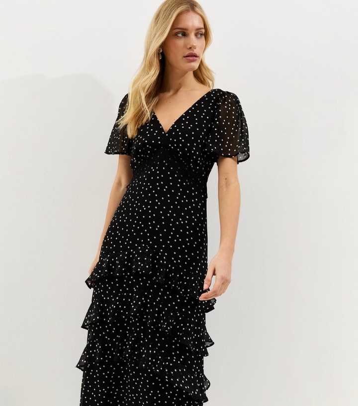 Black Polka Dot Chiffon Tiered Maxi Dress