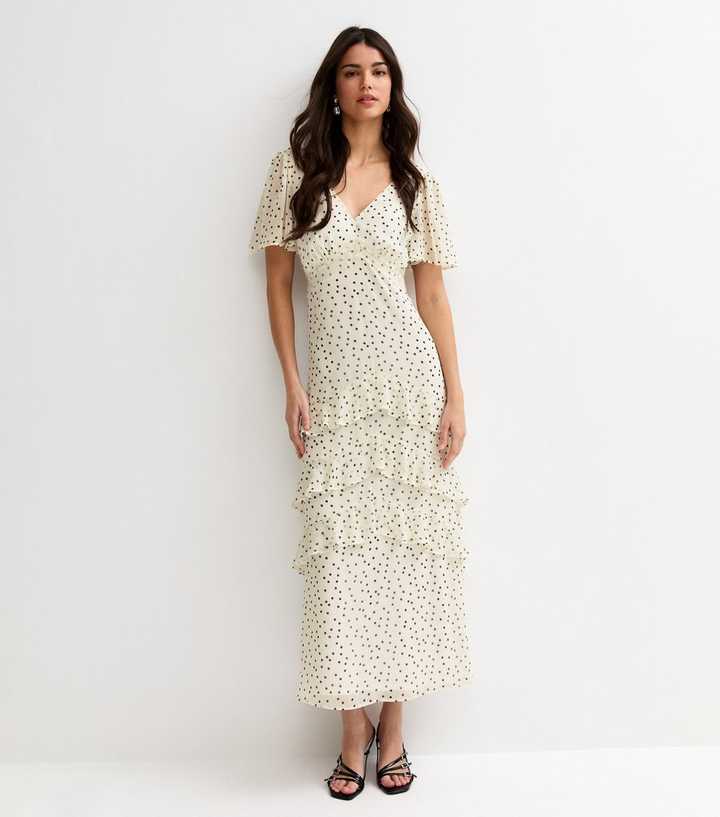Cream Polka Dot Chiffon Tiered Maxi Dress