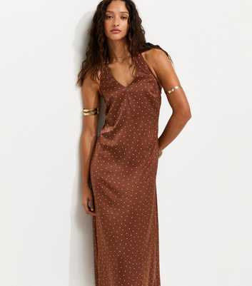 Brown Spot Print Cowl Neck Halter Satin Midi Dress
