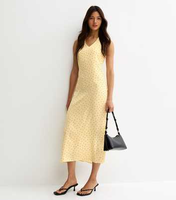 Yellow Spot Print Cowl Neck Halter Satin Midi Dress