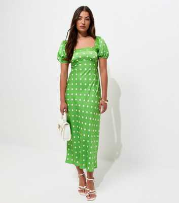 Green Polka Dot Puff Sleeve Midi Dress