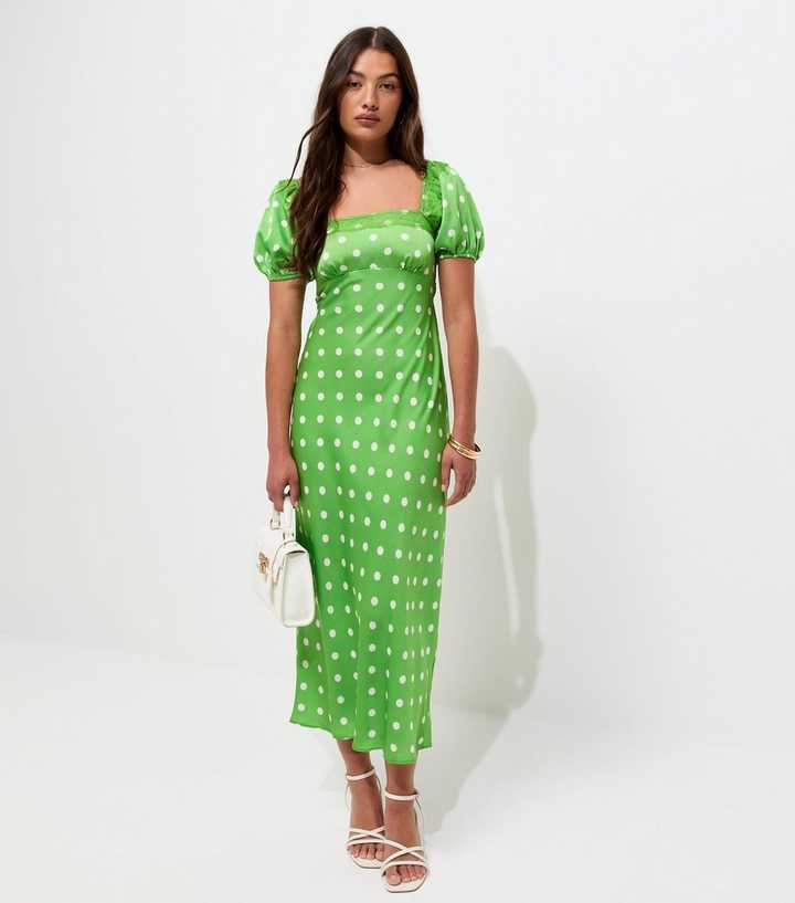 Green Polka Dot Puff Sleeve Midi Dress