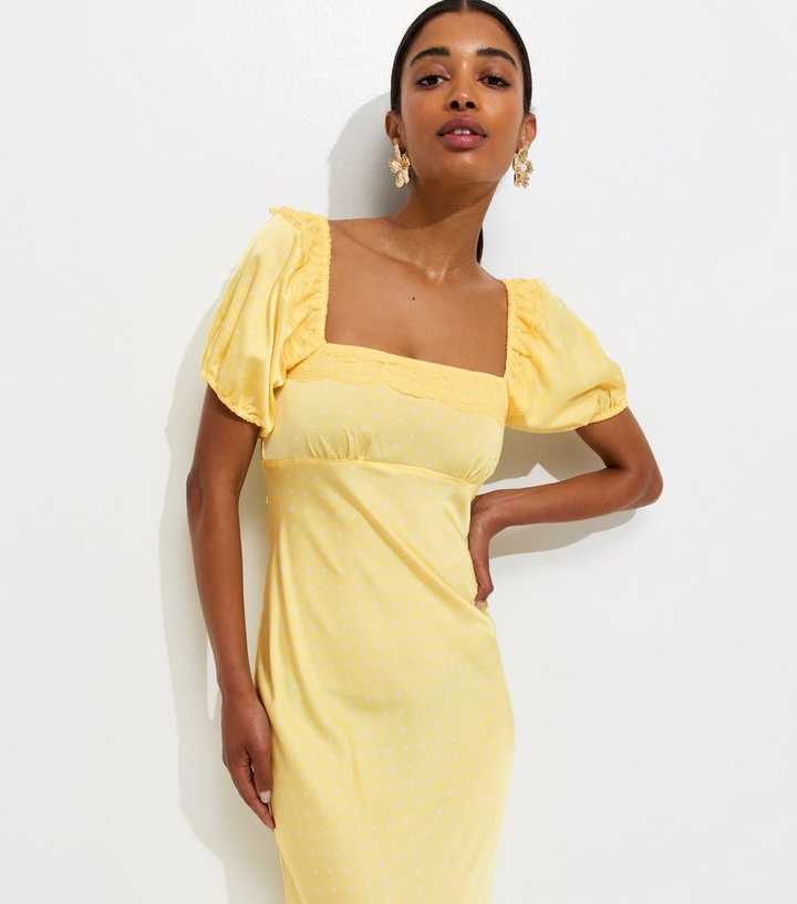 Yellow Polka Dot Puff Sleeve Midi Dress