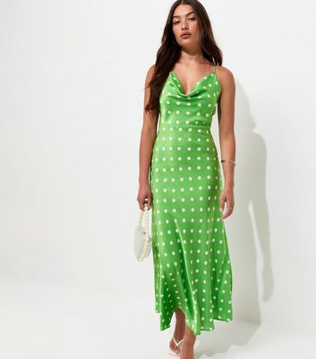 Green Polka Dot Satin Strappy Midi Dress | New Look